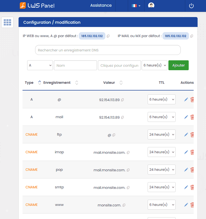 Exemple d'interface de gestion de la zone DNS d'un nom de domaine.