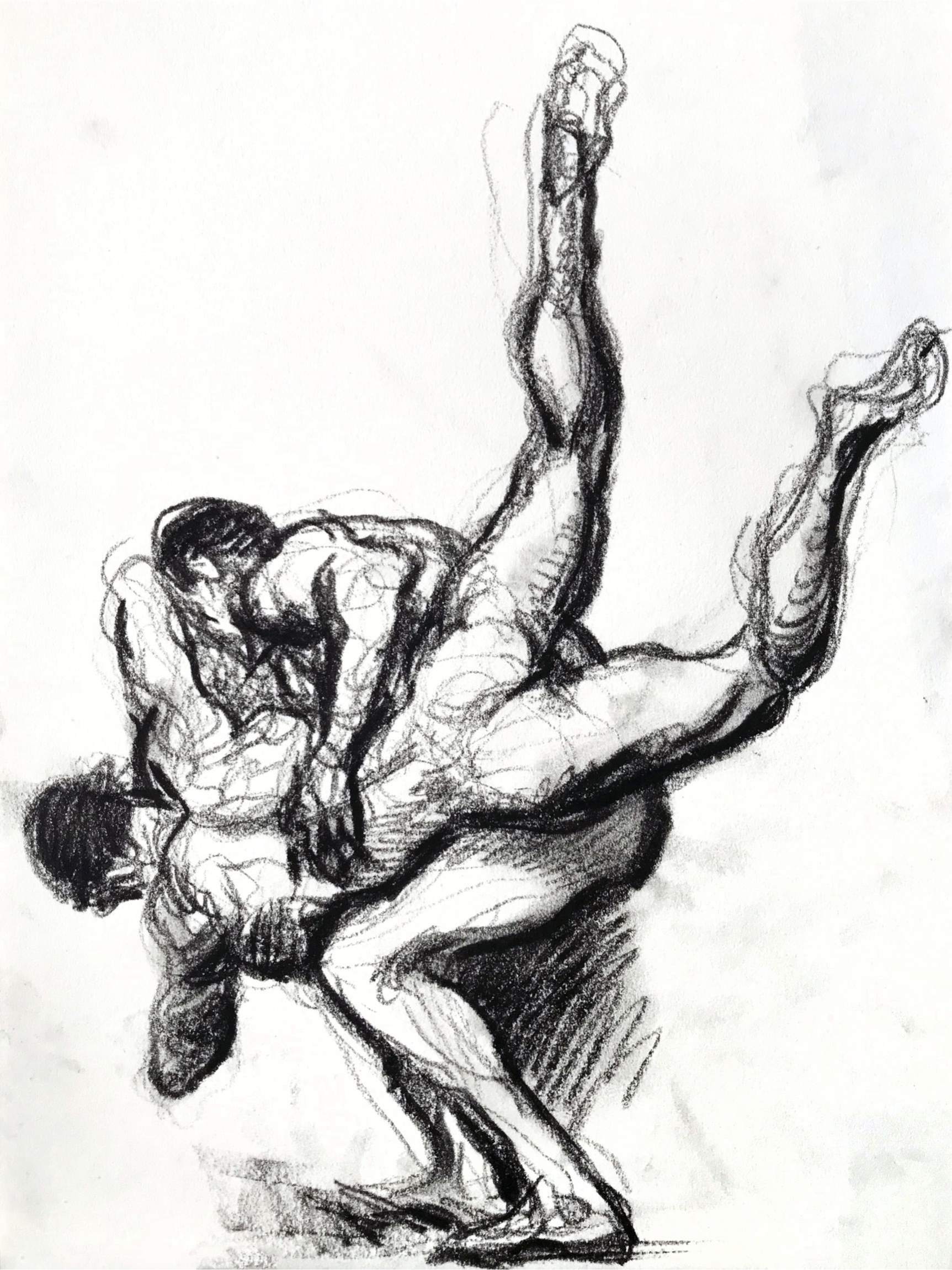 Matthew the Stoat, *The Wrestlers (after Muybridge)* (2022), black chalk on paper.